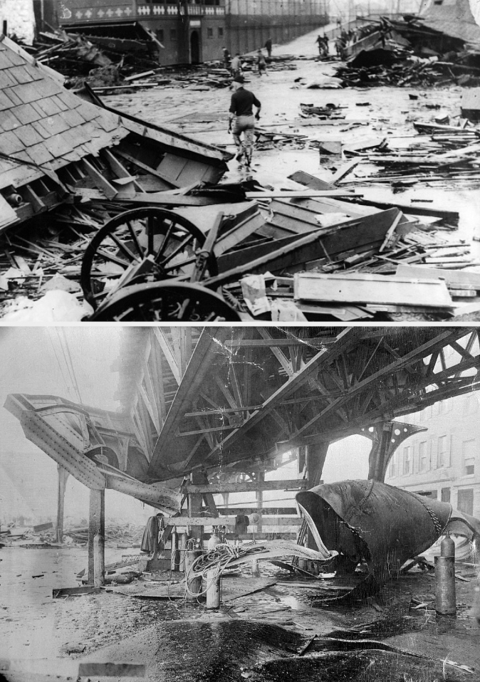 Two archival images of the Great Molasses Flood: top shows a man walking through debris; bottom shows a collapsed metal structure and damaged buildings