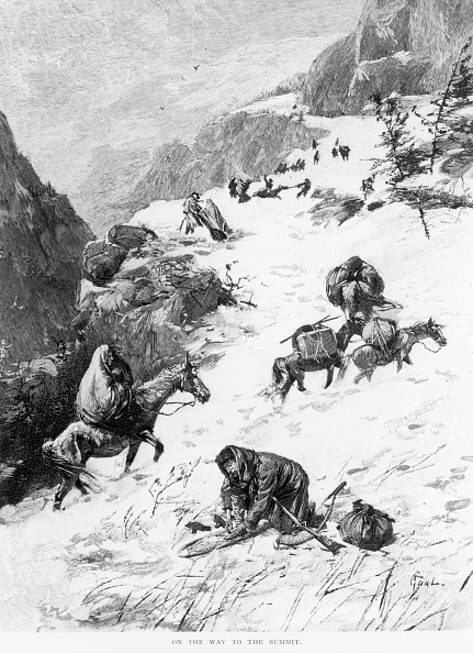 Historical illustration of explorers with horses navigating snowy mountain terrain