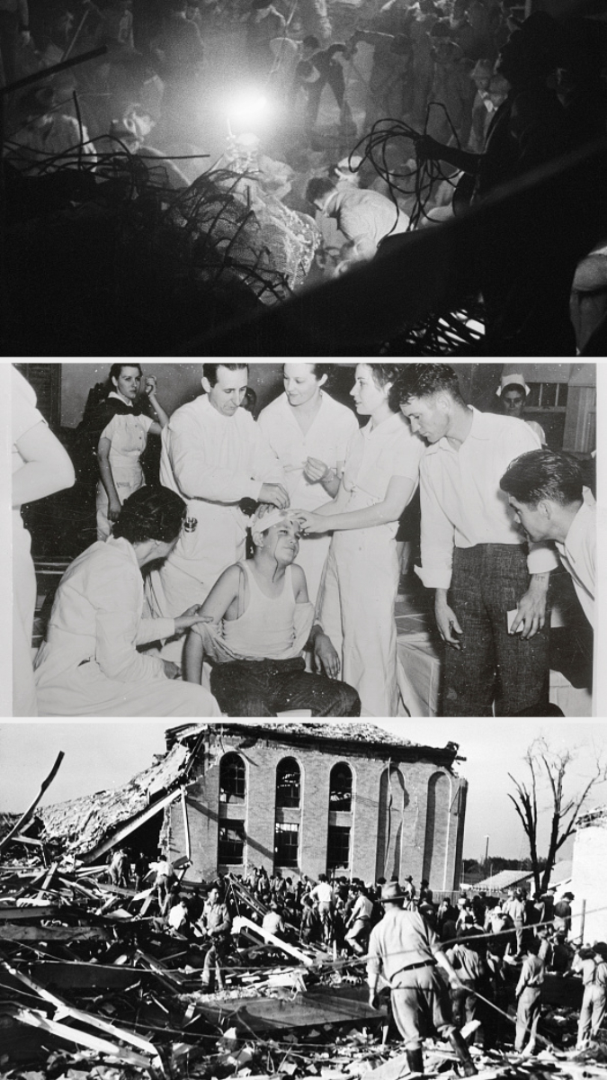 Historic black and white photos: first, rubble and people; second, a person receiving medical care surrounded by others; third, people clearing debris by a damaged building