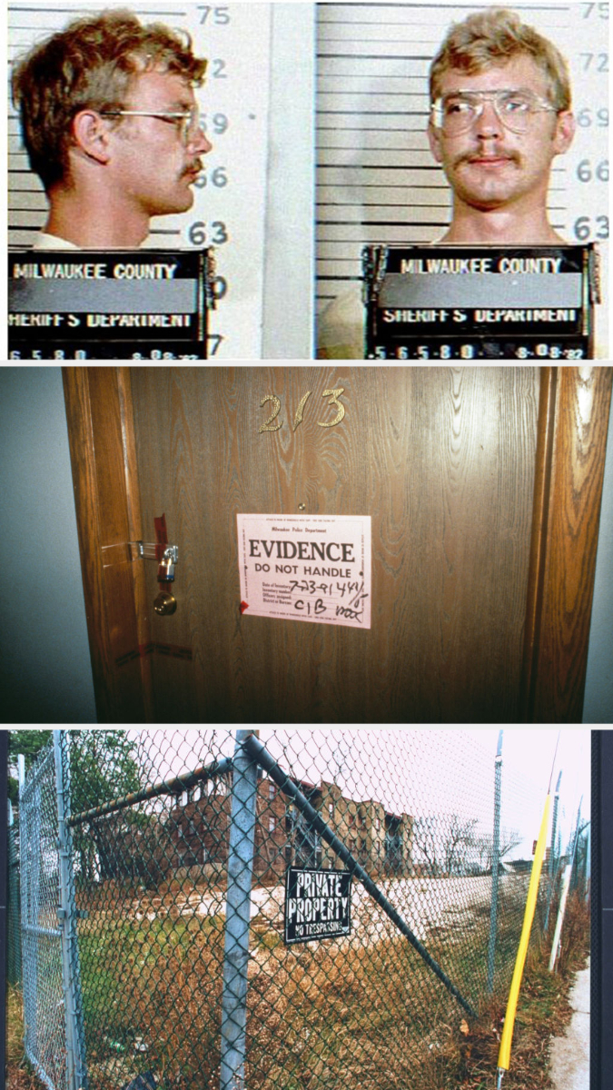 Mugshot of Jeffrey Dahmer, a door labeled as evidence, and a fenced-off property with a &quot;Private Property&quot; sign