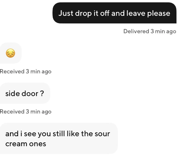 Text conversation about dropping something off at the side door, mentioning sour cream ones