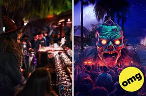 Two images: left shows a Halloween candy market; right depicts a crowd at a zombie-themed outdoor concert with a giant animated zombie head