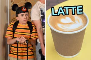 On the left, Brick from The Middle wearing Mickey ears at Disney, and on the right, a latte in a paper cup