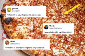 Pizza topped with squiggly lines; comments by gale na, Vinnie, and sivad discuss trying or finding the take interesting