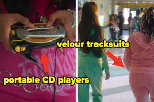 A person holds a portable CD player. Two people in velour tracksuits walk down a hallway. Text highlights fashion trends from the early 2000s