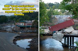 Two photos of significant flood damage affecting roads and infrastructure, with the text: "280 'state-maintained roads' in the region were reported as closed on Sunday."