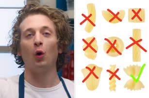 Chef in a kitchen next to an image of various pasta shapes marked with red Xs, except for bowtie pasta which is marked with a green check