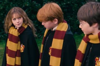 Hermione Granger, Ron Weasley, and Harry Potter walk together wearing Hogwarts robes and Gryffindor scarves in a scene from Harry Potter