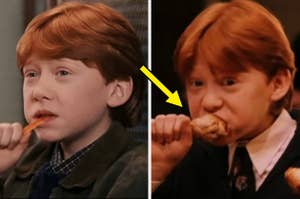 Two images of a young actor from a movie scene. On the left, eating candy; on the right, eating a drumstick. Arrow pointing right