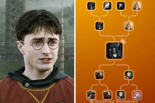 Daniel Radcliffe as Harry Potter on the left; right side shows a BuzzFeed Showdown bracket featuring various Harry Potter female characters