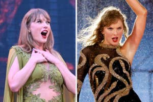 Two images of a woman performing on stage in elaborate outfits: one is a green, floral-themed dress, and the other is a black and gold embellished bodysuit