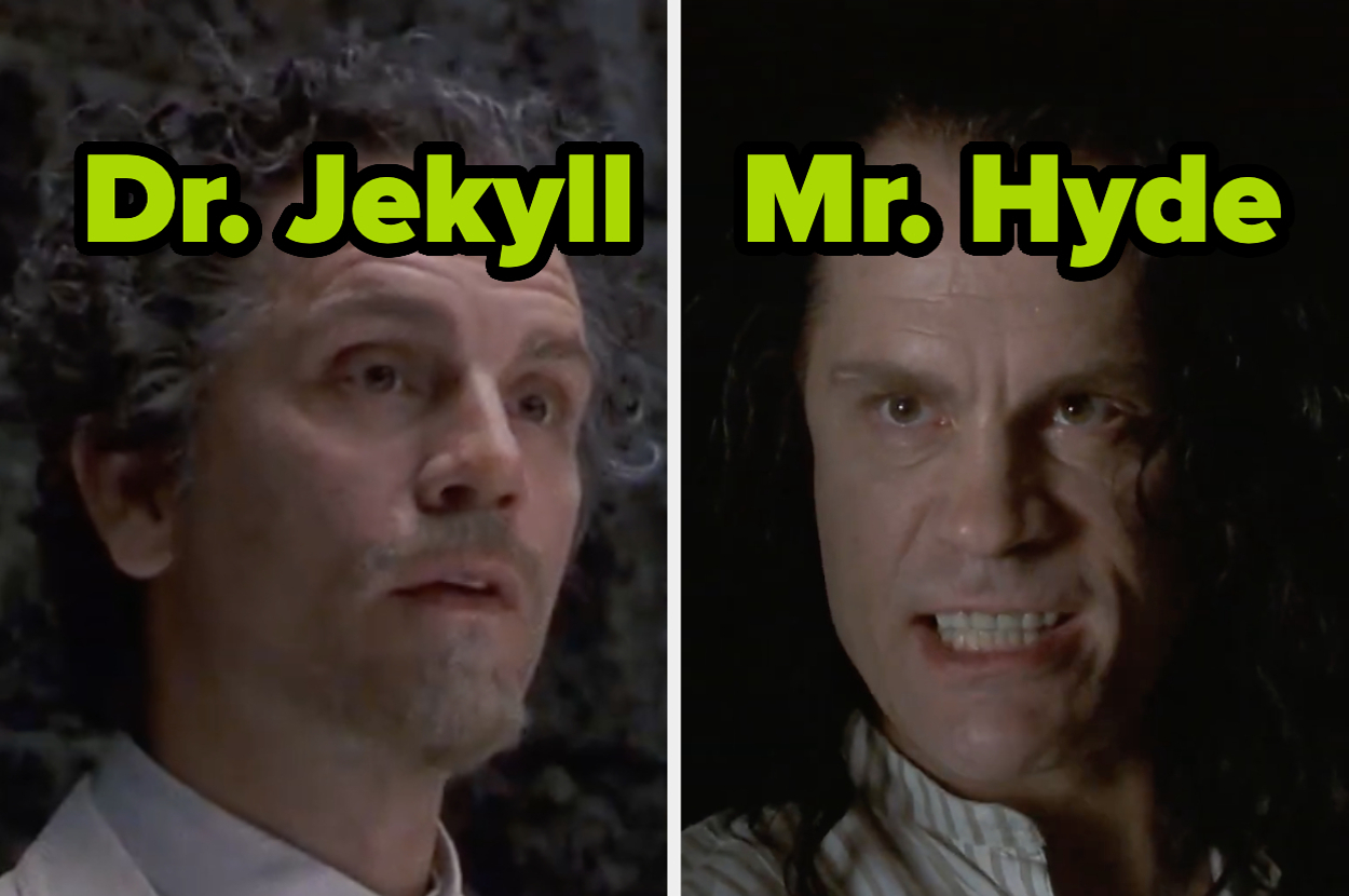 Dr. Jekyll on the left, calm expression. Mr. Hyde on the right, angry expression. Both depicted by the same person