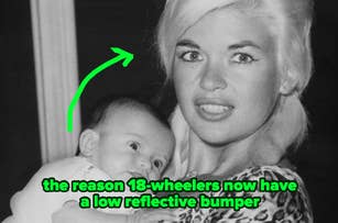 A woman holding a baby, with text about why 18-wheelers have low reflective bumpers