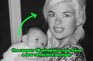 A woman holding a baby, with text about why 18-wheelers have low reflective bumpers