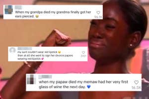 A woman confidently poses with text comments overlayed: stories about women making bold choices after the passing of a loved one