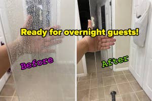 Side-by-side comparison of a shower door, with a hand behind the glass. Left shows "Before" with water stains, right shows "After" with clear glass