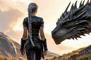 A character with long, braided hair wearing black leather armor stands in front of a large dragon in a mountainous landscape