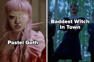 Split image: Left shows person in pastel goth style with text "Pastel Goth." Right shows person in dark outfit with text "Baddest Witch In Town."