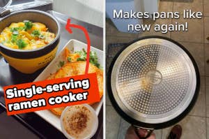 Ramen cooker with meal and cleaned pan. Text: "Single-serving ramen cooker" and "Makes pans like new again!"