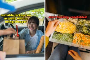 Left: Person receives grocery bags via curbside pickup, caption suggests cost savings. Right: Person stores frozen vegetables, caption recommends freezing