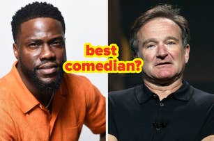 Two people side by side: unknown person wearing orange shirt on left; unknown person in black shirt on right. Text reads "best comedian?"