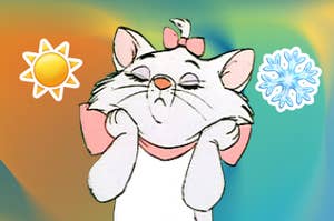 Marie from The Aristocats with a pink bow looks content. Sun and snowflake icons are nearby, representing warmth and cold