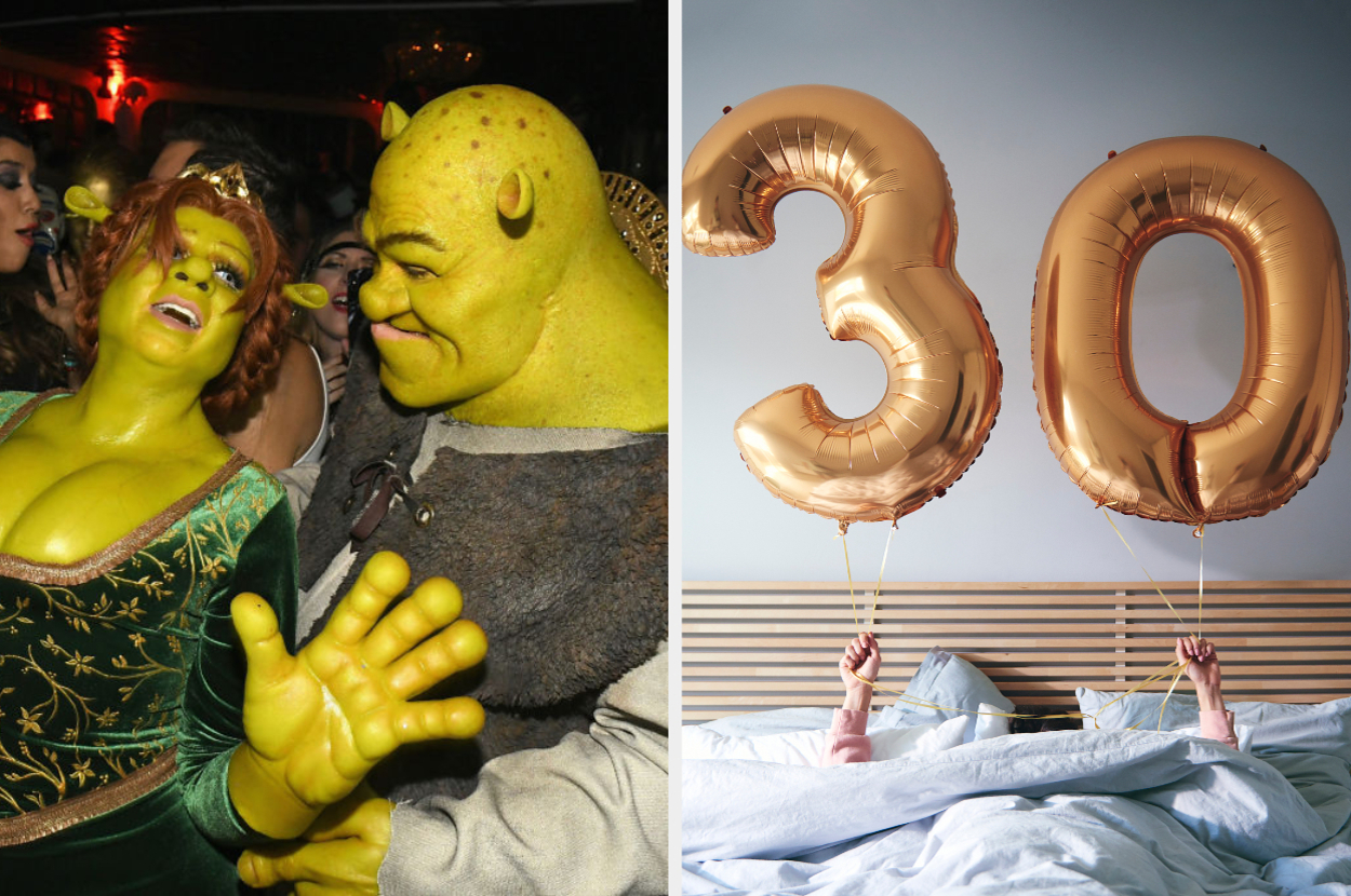 Two people dressed as Shrek and Fiona at a costume event. Right: Gold balloons displaying the number 30 above a bed with a person under the covers