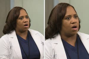 A woman, possibly a doctor from a TV drama, wears a medical coat and looks surprised