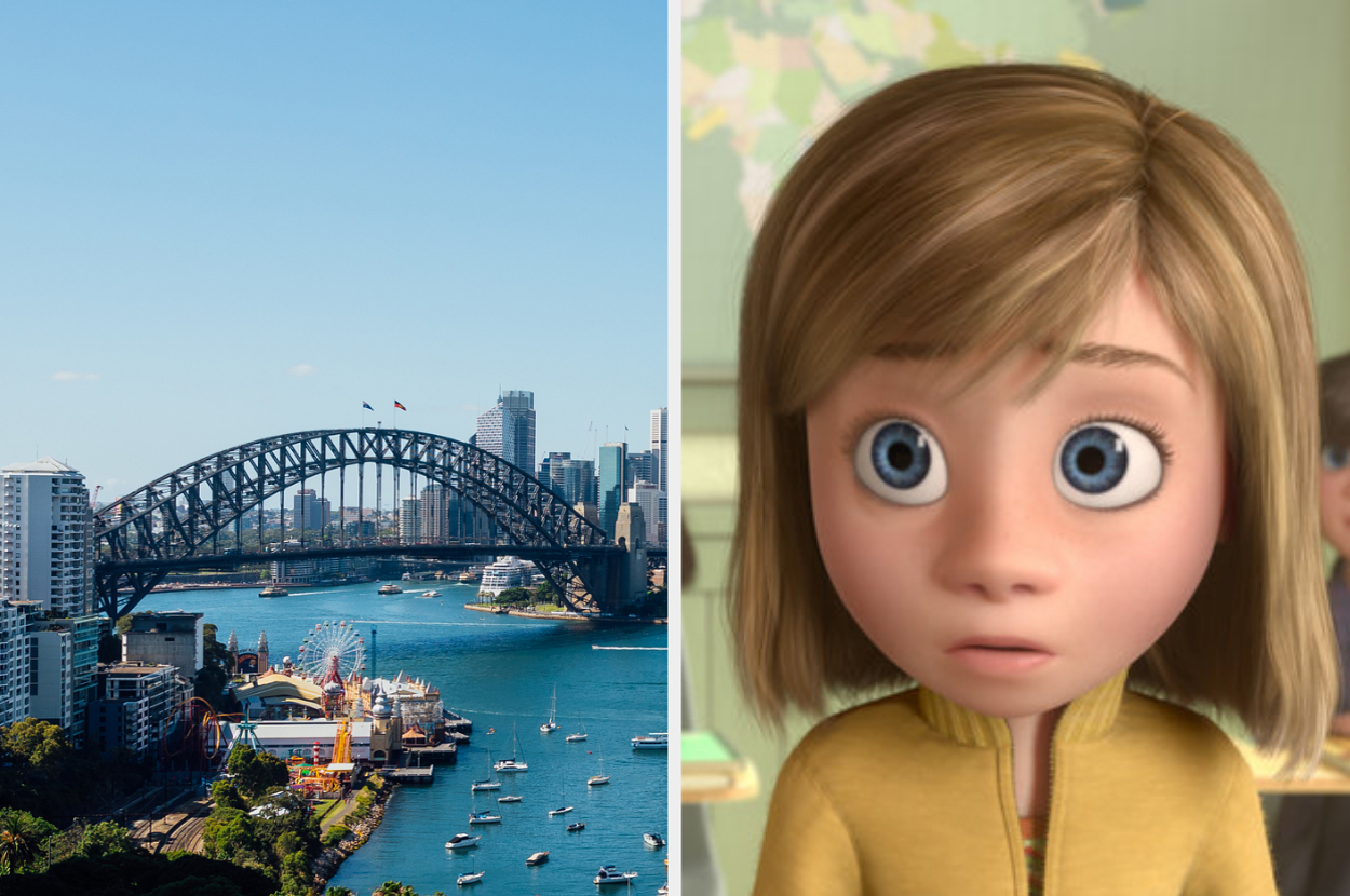 Sydney Harbour Bridge on left; animated character Riley from "Inside Out" on right, looking surprised