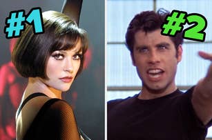 On the left, Catherine Zeta Jones as Velma in Chicago labeled number 1, and on the right, John Travolta as Danny in Grease labeled number 2