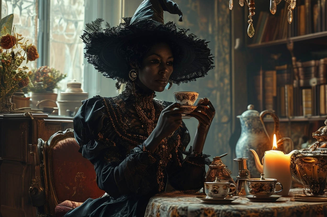 A person in elaborate witch attire sits in a vintage room holding a teacup, with a lit candle and teapot on the table