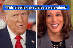 Two side-by-side images: left, person in a "Make America Great Again" cap; right, a woman speaking at a podium. Text reads: "This election should be a no-brainer."