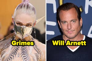 Grimes in a futuristic outfit and metallic mask; Will Arnett in a casual outfit at an event