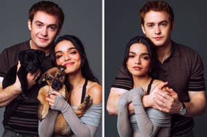 Kit Connor and Rachel Zegler posing for photos with puppies