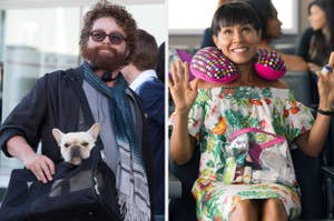 Split image of Zach Galifianakis with a dog in a dog carrier and Jada Pinkett Smith wearing a neck pillow.