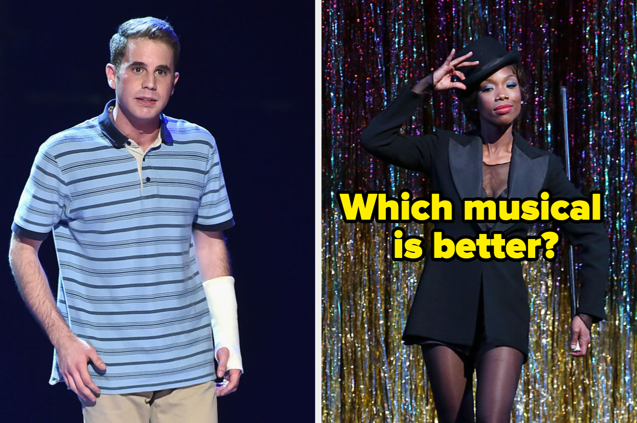 Split image: On the left, person in a polo shirt with a cast. On the right, person in a tuxedo and top hat. Text says, "Which musical is better?"