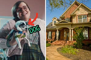 On the left, Aidy Bryant holding a Chihuahua in an SNL sketch with an arrow pointing to the dog, and on the right, a brick suburban home with a brick path leading up to it