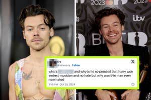 Harry Styles on the red carpet in a sequin outfit; Harry Styles smiling at an event; tweet questioning why someone is upset Harry won 'sexiest musician.'