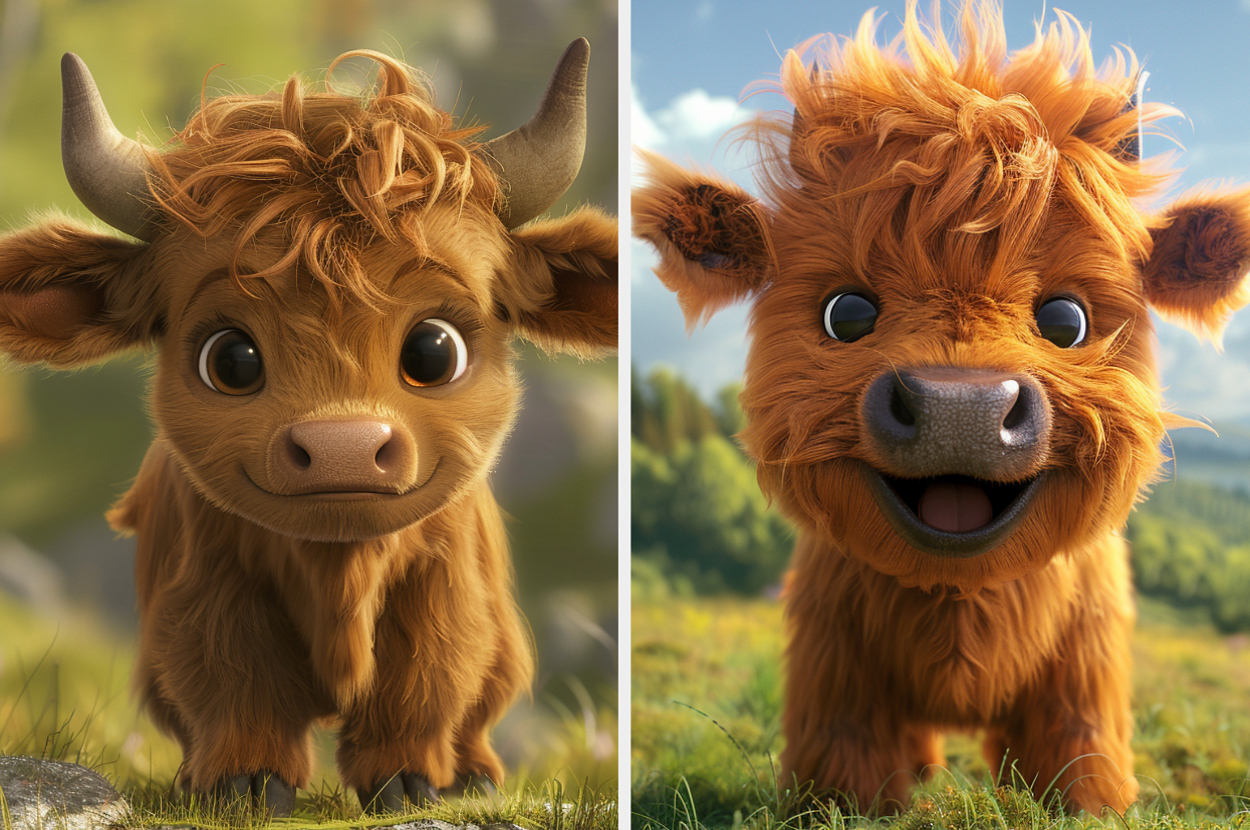 Two cute, animated highland calves with fluffy fur and big eyes standing in a scenic meadow