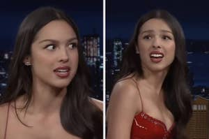 Two images of a woman with long dark hair on a talk show. She wears a sleeveless dress and has expressive facial reactions while speaking