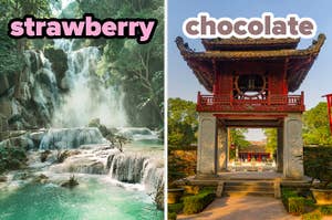 On the left, Kuang Si Waterfall labeled strawberry, and on the right, the Temple of Literature labeled chocolate