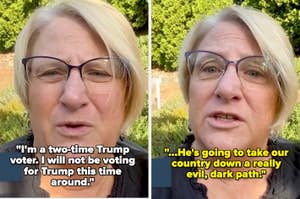 A woman with short hair and glasses speaks. Left text: "I'm a two-time Trump voter. I will not be voting for Trump this time around." Right text: "...He's going to take our country down a really evil, dark path."