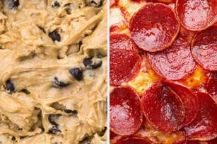 Close-up split image of chocolate chip cookie dough on the left and pepperoni pizza on the right