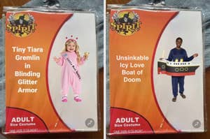 Two humorous costume packages: "Tiny Tiara Gremlin in Blinding Glitter Armor" with a child, and "Unsinkable Icy Love Boat of Doom" with a smiling man