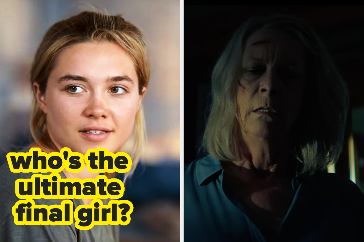 A split image of Florence Pugh and Jamie Lee Curtis with the text "who's the ultimate final girl?"