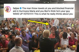 Donald Trump throws paper towels to a crowd in Puerto Rico. Text above criticizes him for handling Hurricane Maria aid, urging people to vote