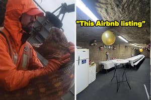 Man in an orange raincoat holds large fish; adjoining room with table, balloons, and fridge. Caption says, "This Airbnb listing."