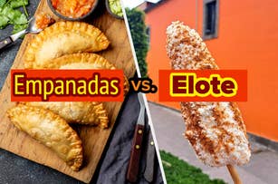 Empanadas vs. Elote: A side-by-side comparison highlighting two popular street foods, empanadas and elote, with text emphasizing the contrast