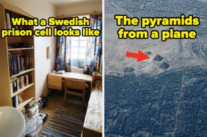 Split image: On left, a tidy Swedish prison cell with a bed and bookshelf; on right, aerial view of pyramids marked with an arrow