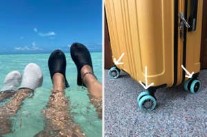 Two images: on the left, two pairs of water shoe-covered feet in clear water; on the right, a yellow suitcase with teal wheels on a carpeted floor